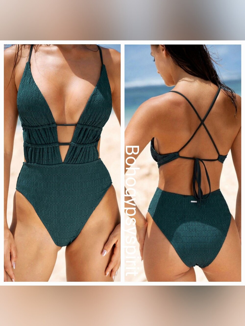 NWT Berlook Dark Green Textured Plunge One-Piece Swimsuit